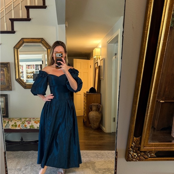 Vintage Dresses & Skirts - Vintage Jessica Mcluntock style Teal Off-Shoulder Dress with bow